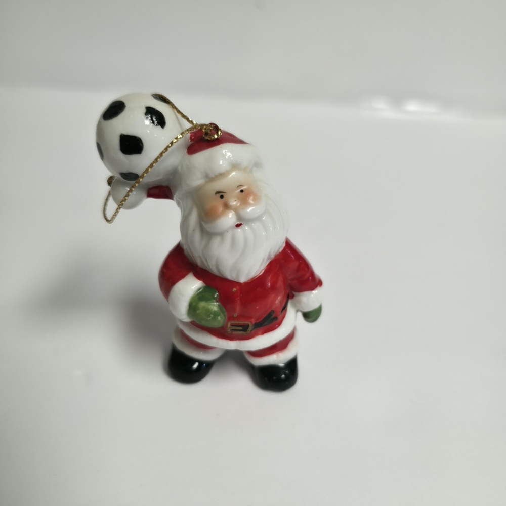 Vintage Ceramic Santa Claus Soccer Ball Christmas Ornament Retro Sports Holiday